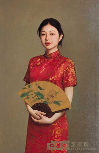吴正恭 1999年作 持折扇的红衣少女 117×76cm
